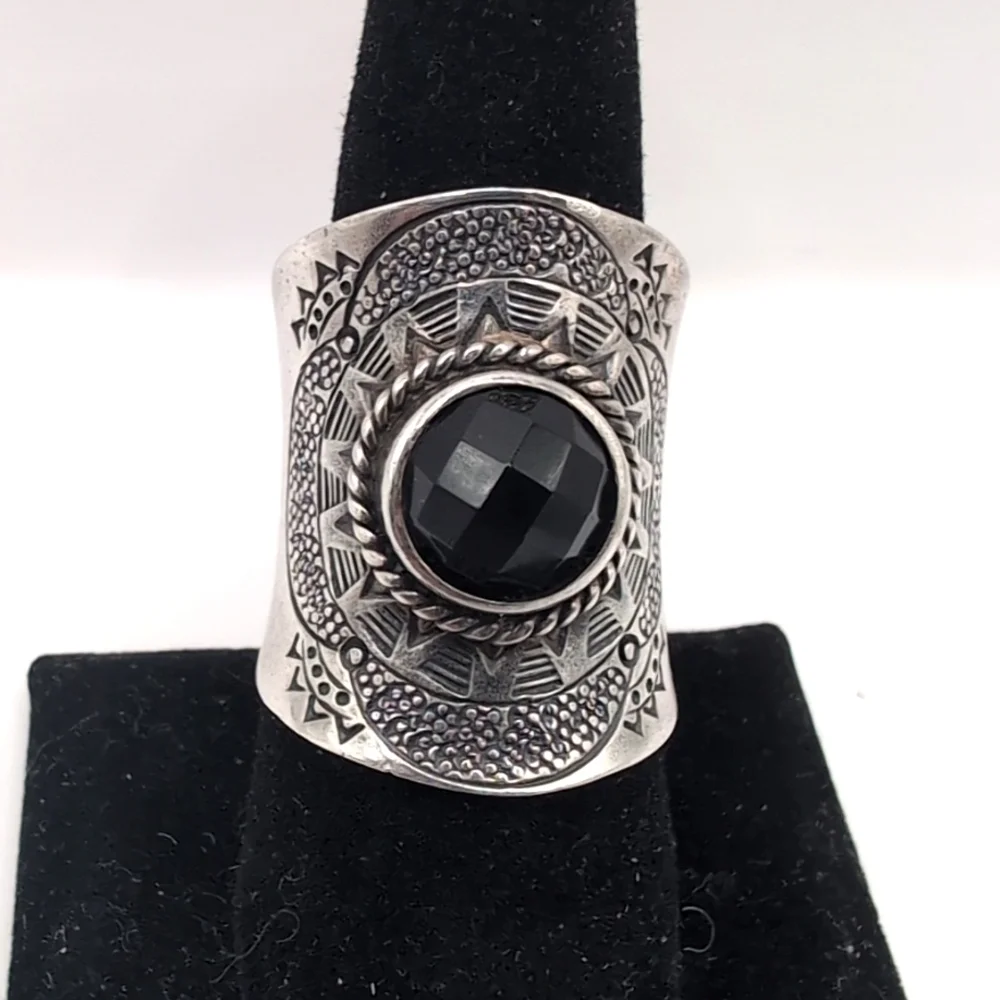 Vintage NF 925 Sterling Silver Faceted Black Stone Hematite Thai Thailand Ring